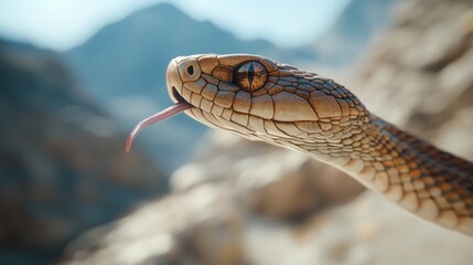 Obraz premium Close-up of a Desert Snake, Basking in the Sun, Its Tongue Flickering, Revealing Intricate Scales and a Captivating Gaze.