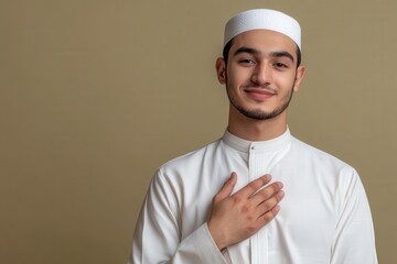 Smiling young Muslim man with hand on heart in traditional white clothing looking directly at viewer,