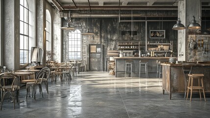 a chic industrial loft with concrete floors, large windows, and stylish decor, capturing the essence of urban creativity