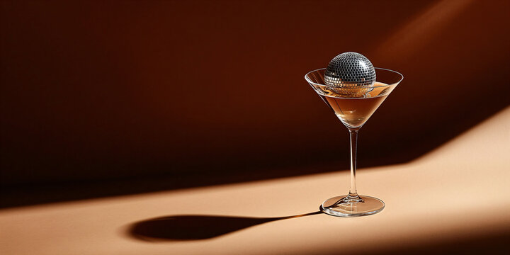 Cocktail party with disco ball on brown, chocolate or mocha mouss background. Disco party, retro fashion. Modern stylish banner template for holiday card, banner, flyer, menu with space for text	