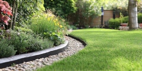 Flexible lawn edging with rounded top bead in black, nestled between vibrant green grass and colorful garden plants, highlighting a curving path.