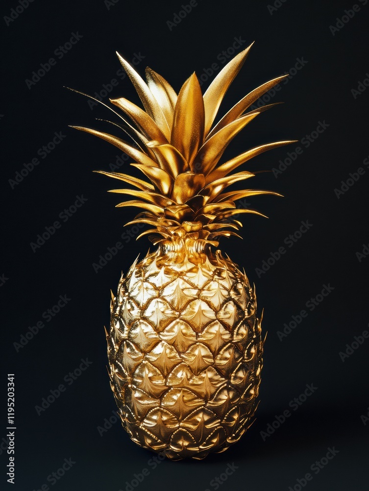 Aufkleber Luxurious golden pineapple standing elegantly against a black background for a striking visual impact. Generative AI