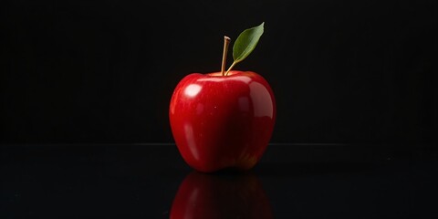 Glossy Red Apple with Green Leaf on Reflective Black Surface