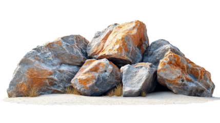 A set of massive boulders positioned in a barren golden color desert landscape isolated on white background. Suitable for marketing or business purposes. PNG file