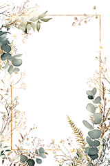 Obraz premium Floral frame design featuring delicate greenery and small flowers, perfect for invitations or greetings, illuminated with a subtle golden border