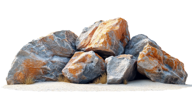A set of massive boulders positioned in a barren golden color desert landscape isolated on white background. Suitable for marketing or business purposes. PNG file