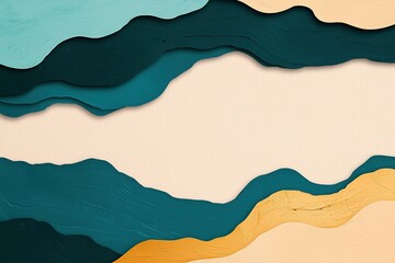 An abstract composition featuring wavy layers of teal, green, and gold against a beige background, creating a dynamic visual effect.