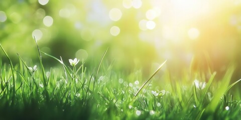 Sunlit fresh green grass in soft focus, featuring vibrant blades and delicate flowers, with a warm golden glow and a blurred background for tranquility.