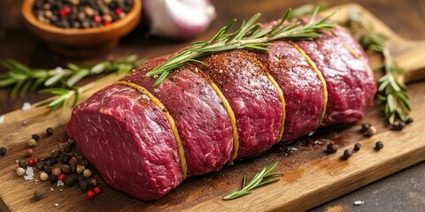 Freshly trimmed beef tenderloin resting on a wooden cutting board garnished with rosemary sprigs and an assortment of colorful spices.