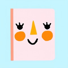 A cute, cartoon-style notebook with a smiling face, featuring bright colors and whimsical design, set against a light blue background.