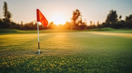 Obraz premium A golf course at sunset, with the flag waving gently on the green, and the last rays of sunlight illuminating the fairways.