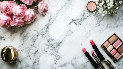 A modern beauty counter with lipsticks and eyeshadow palettes arranged on a marble surface, creating a luxurious vibe.