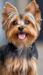 Fototapeta premium Adorable Yorkshire terrier dog puppy with shiny hair, close-up portrait, blurred background.