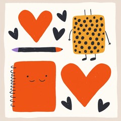 A vibrant illustration featuring playful shapes, hearts, a notebook, and a colored pencil, all in joyful colors and whimsical designs.