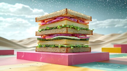 A vibrant and surreal depiction of a floating sandwich in a colorful desert landscape under a starry sky,  