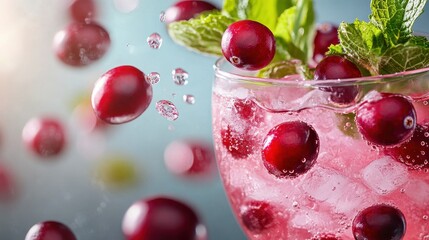 Refreshing Cranberry Drink with Mint and Bubbles in Clear Glass