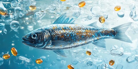 Omega 3 fish swimming in clear water surrounded by golden capsules and bubbles illustrating nutrition and brain health benefits