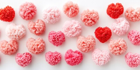 Colorful pom poms in pinks and reds arranged in heart shapes and clusters on a white background for a vibrant Valentine's Day celebration.