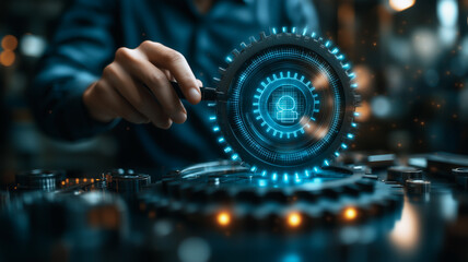 Cybersecurity Analyst at work: A close-up shot of a hand using a magnifying glass to inspect a digital user profile, projected as a glowing hologram on a futuristic gear-like device.