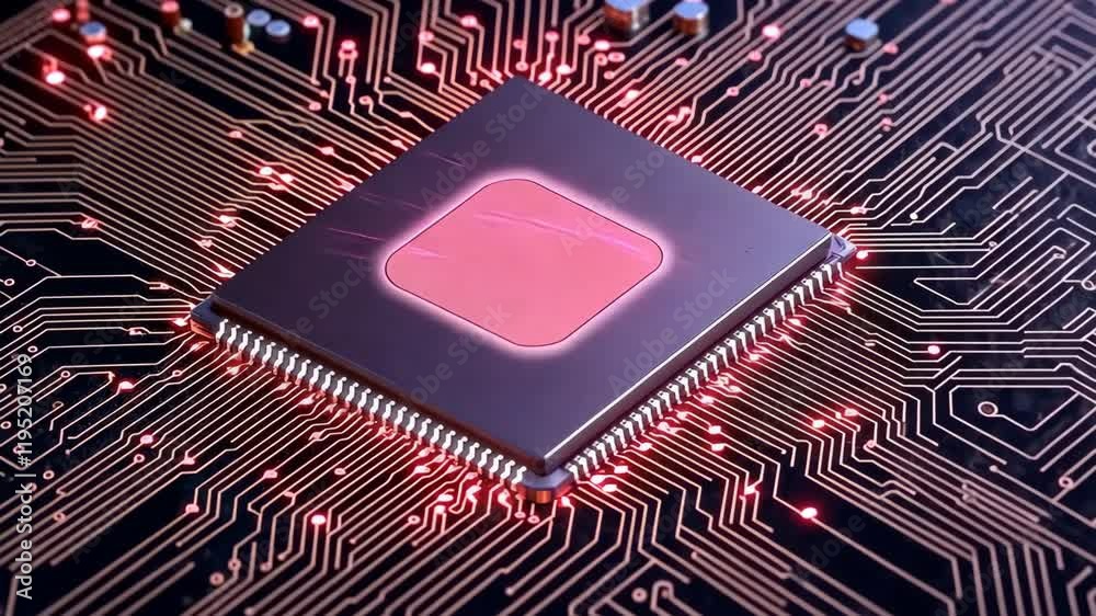 Poster abstract circuit board with central processor chip and red glow effect