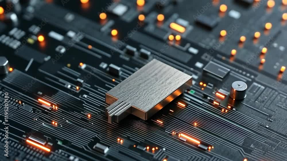 Poster metallic component on circuit board with glowing lines and high-tech background