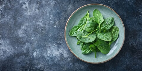Obraz premium Fresh green baby spinach leaves on a light ceramic plate centered against a dark textured background with ample copy space for diet and health concepts.