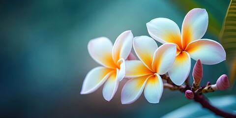 Fototapeta premium Delicate Plumeria flowers in shades of pink and orange with five petals gracefully arranged on a soft blue-green background.
