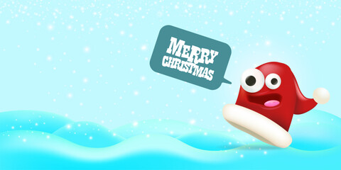 Vector cartoon happy Santa Claus red hat character with eyes and mouth isolated on blue snow background. Merry Christmas greeting card, poster and horizontal banner with funny Santa Claus hat