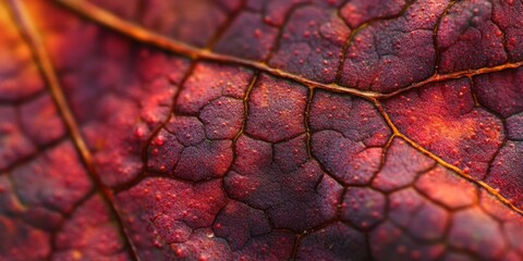 Closeup of autumn maple leaf showcasing intricate textures in deep red and orange hues with...