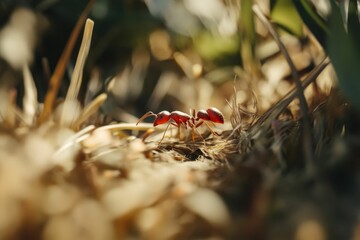 Red insect walks among dry plant matter.