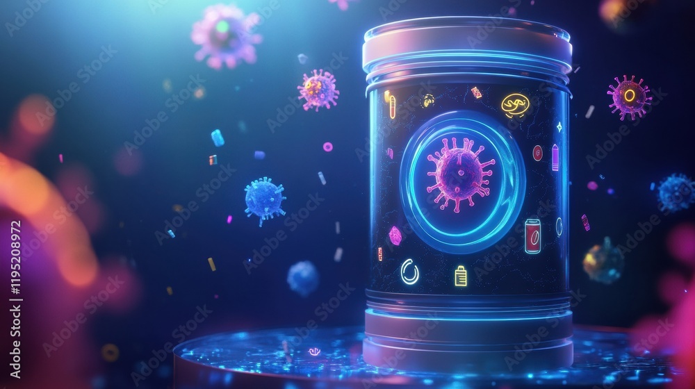 Poster innovative shield protecting against harmful microbes in a digital environment showcasing advanced s