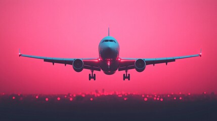 Airplane landing at dusk, city lights below.