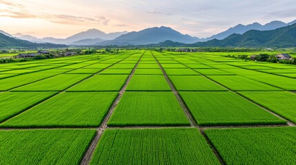 Obraz premium Aerial view of vibrant green rice paddies in a valley, surrounded by mountains at sunset.