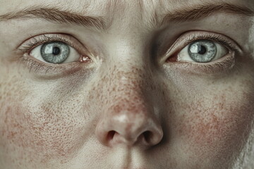 Close-up portrait of a person with striking blue eyes and freckles, showcasing unique facial features and natural beauty