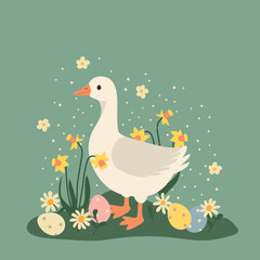 cute easter goose with eggs and flowers- vector illustration