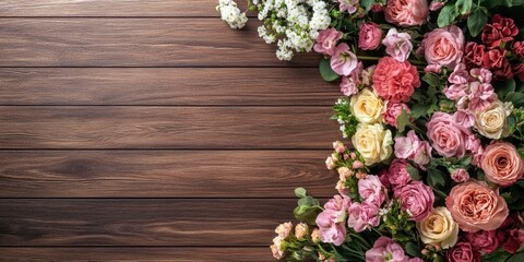 Top view of vibrant floral arrangements in pink, yellow, and white hues on a textured wooden table with ample space for text on the right.