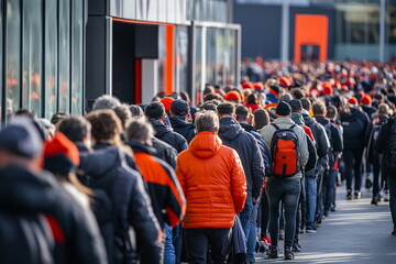 Long lines of excited fans waiting to enter the American football stadium on game day