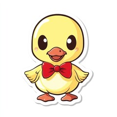 Obraz premium Cute yellow duckling wearing bowtie, sticker design, white background, children's illustration