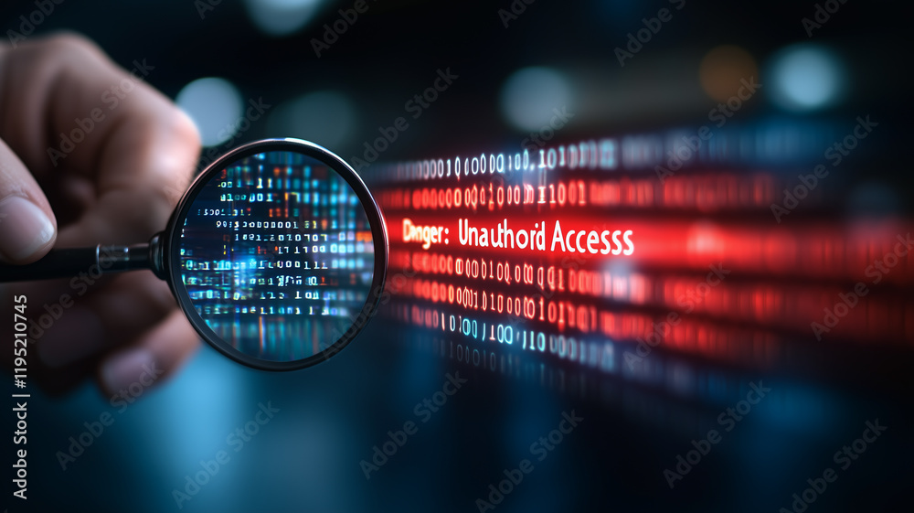 Poster cybersecurity breach alert: a hand holds a magnifying glass over lines of code, highlighting the dan