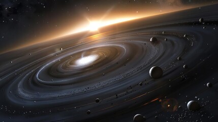A stunning depiction of a swirling galaxy with planets and a distant sun illuminating the scene.