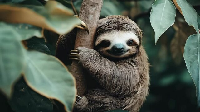 funny sloth hanging on tree branch