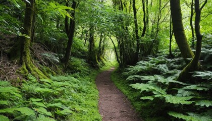 Obraz premium Lush green forest trail winding through dense foliage.