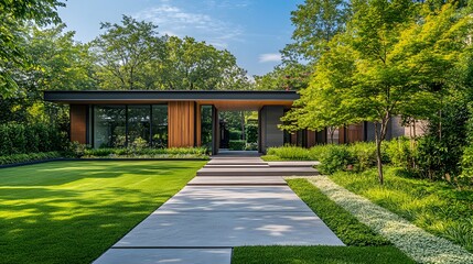 Fototapeta premium Modern wooden entrance gate leads to expansive manicured lawn via concrete pathway, set against bright blue sky. Contemporary garden design emphasizes pristine landscaping and elegant architecture