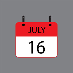 Calendar icon with July 16 date on grey background. Vector schedule symbol.