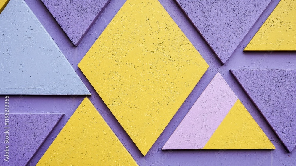 Poster Bright triangles and diamonds in butter yellow showcase a captivating arrangement against a muted purple background. This artistic design transforms a simple wall into an eye-catching display