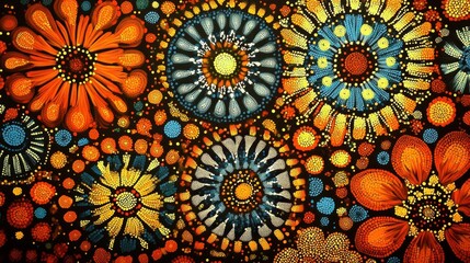 A vibrant floral pattern featuring colorful, abstract flowers on a dark background.