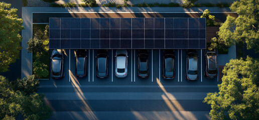 Aerial view of a parking lot featuring solar panels atop carports, providing shade and renewable energy for electric vehicles parked underneath. Sunlight illuminates the scene.