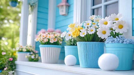 Fototapeta premium Spring Flowers in Blue Pots on Porch
