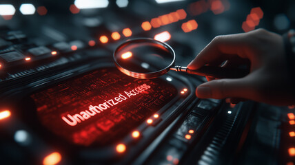 Cybersecurity Breach Investigation: A hand holds a magnifying glass over a digital screen displaying the alarming message "Unauthorized Access" in glowing red letters, set against a futuristic.