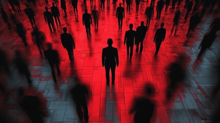 Silhouettes on red background highlight insider threat detection, suspect focus.